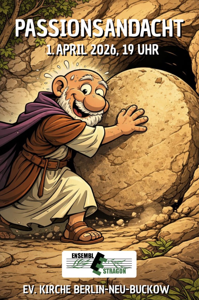 Plakatillustration eines Mannes, der ein Steintor vor eine Höhlenöffnung schiebt.